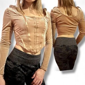 Haute Monde Beige Velvet Ribbed Crop Top with Square neck & Ribbon Accents sz S